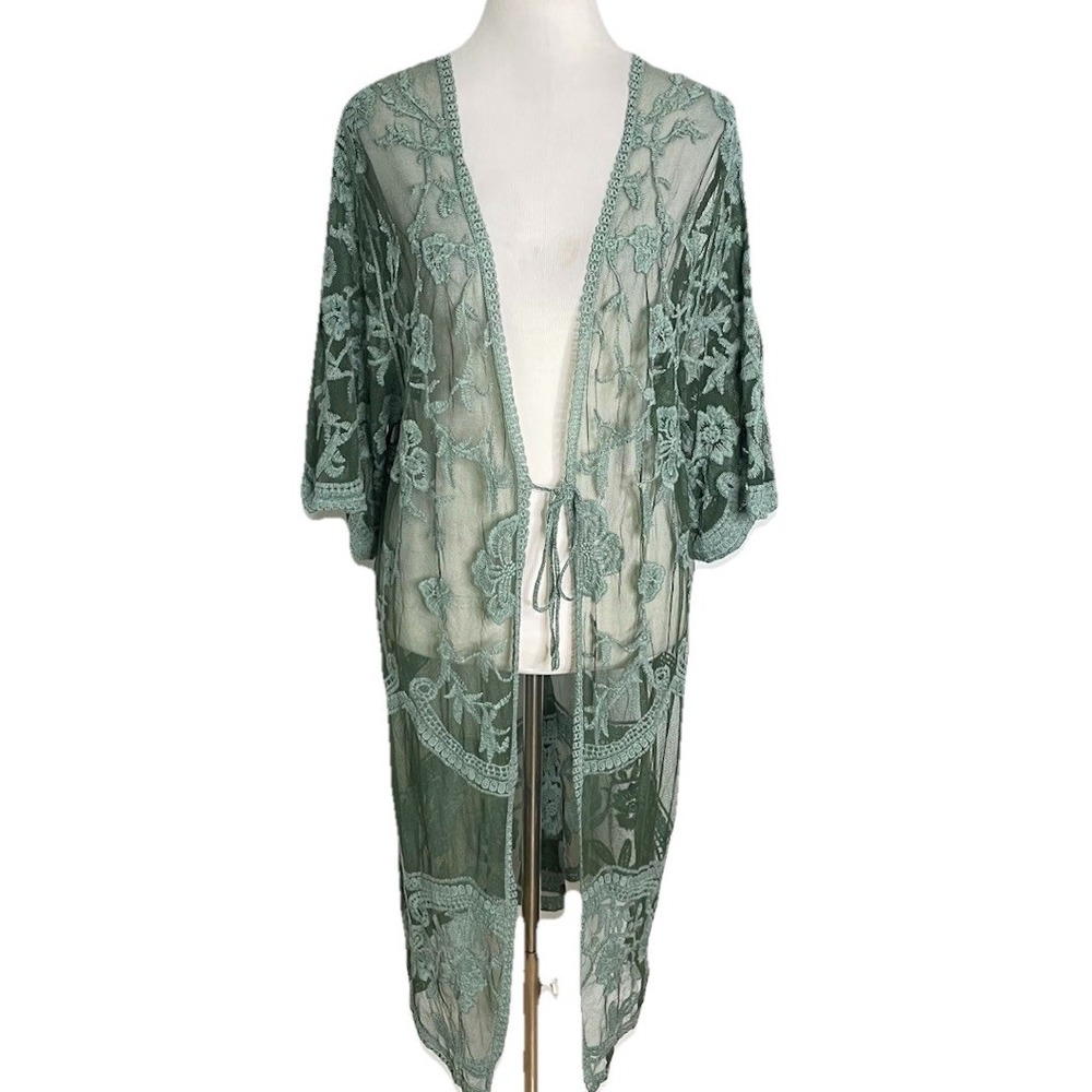 Mi Ami Green Lace Duster Top Embroidered Boho Forest Fairy Victorian Small - Picture 2 of 4